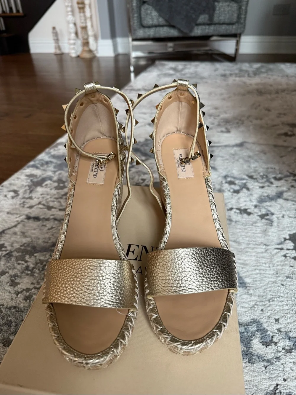 Valentino Garavani Gold Metallic Wedge Espadrilles with Studded Ankle Strap